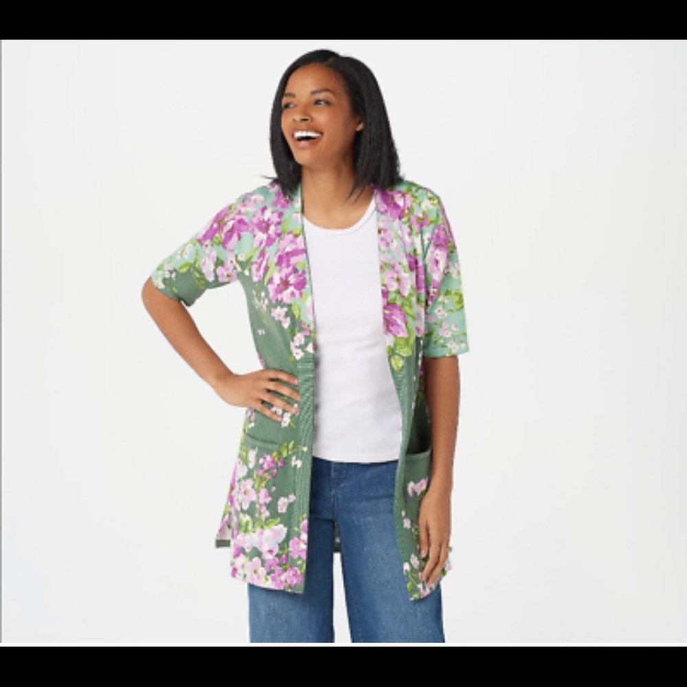 Isaac Mizrahi Live! Open Front Floral Printed Cardigan-Green